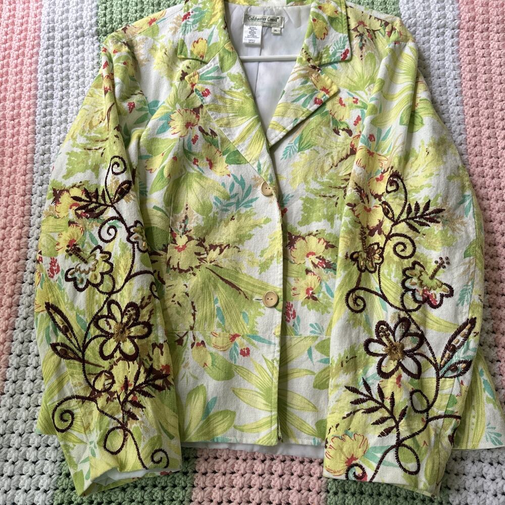 Coldwater Creek Blazer Jacket Size XL Yellow Floral Design Linen Rayon w/ Lining
